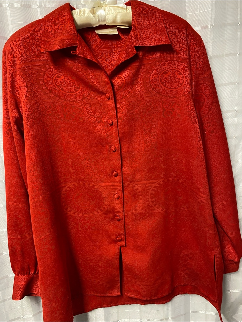 VTG Classic Red Satin Button-Front Blouse